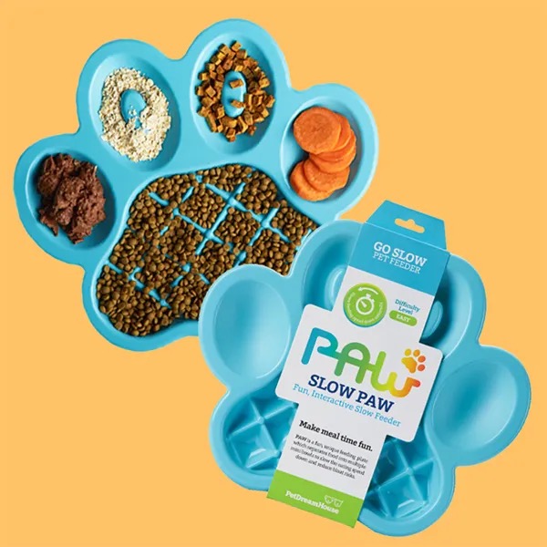 Pet Slow Feeder in paw print shape and food examples in each pad